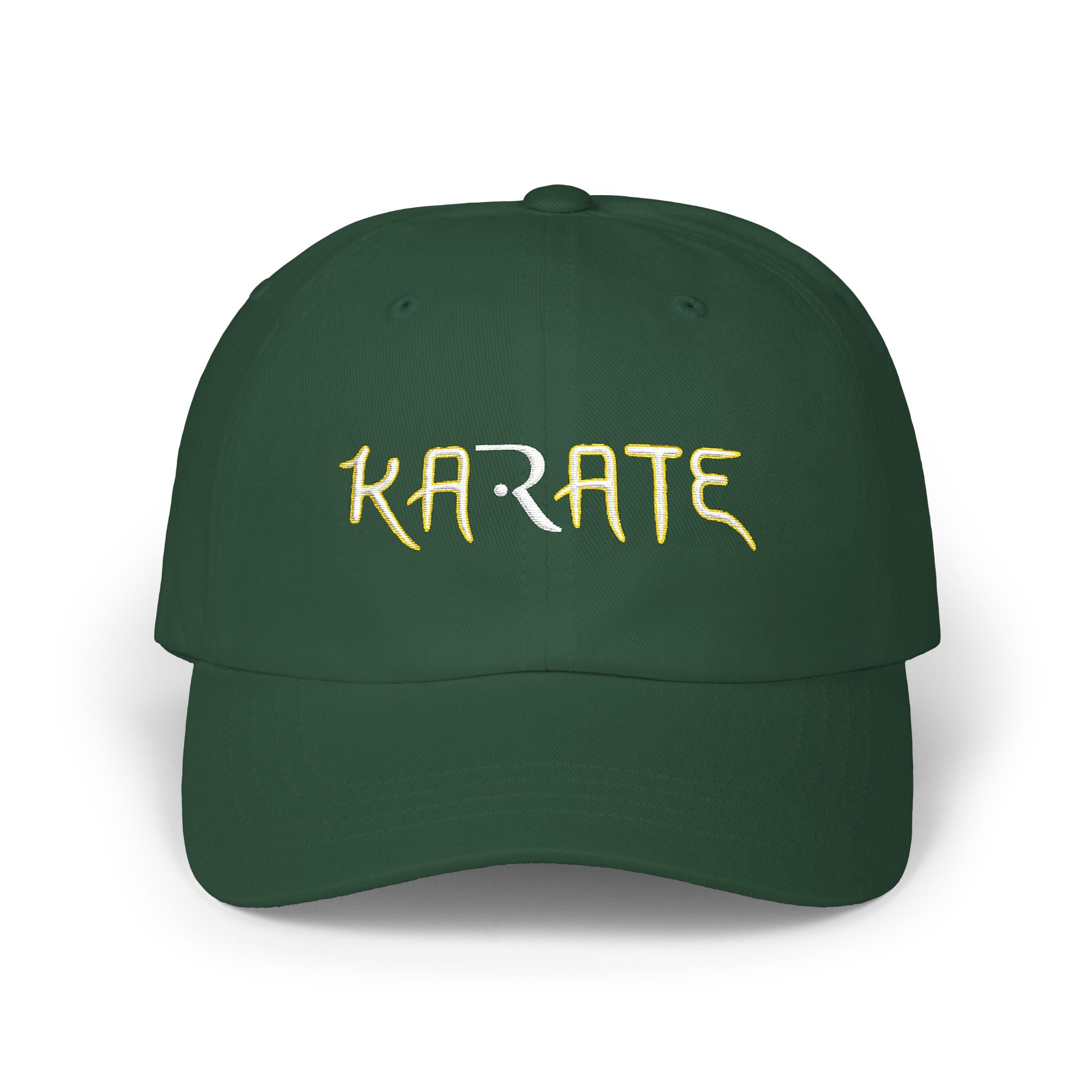 Spruce embroidered classic dad cap hat with a Karate text and graphic Front view