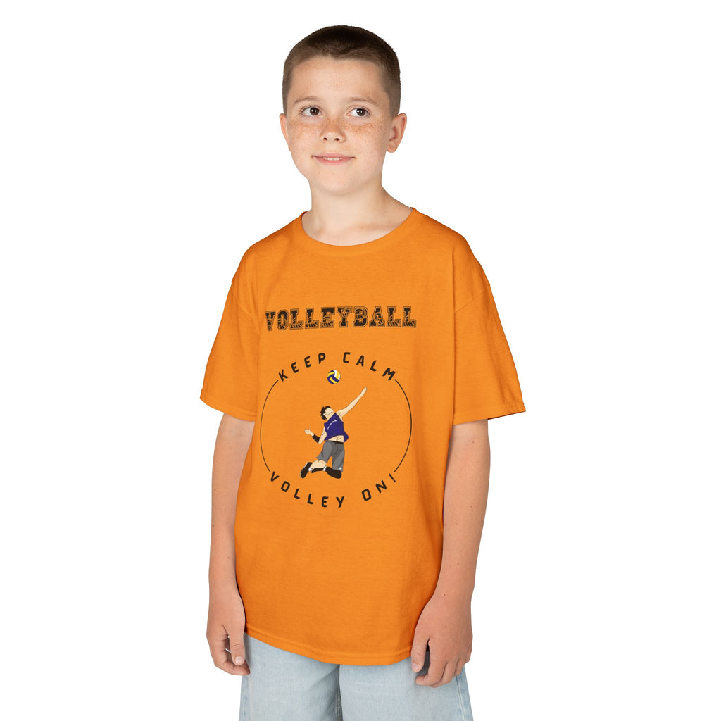 Young boy wearing a youth Gildan 5000B heavy cotton t-shirt in tennessee orange showing a boy playing Volleyball