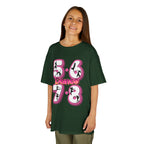 Young girl wearing a Gildan 5000B heavy cotton t-shirt in forest green with a 5678 Dance text and graphic