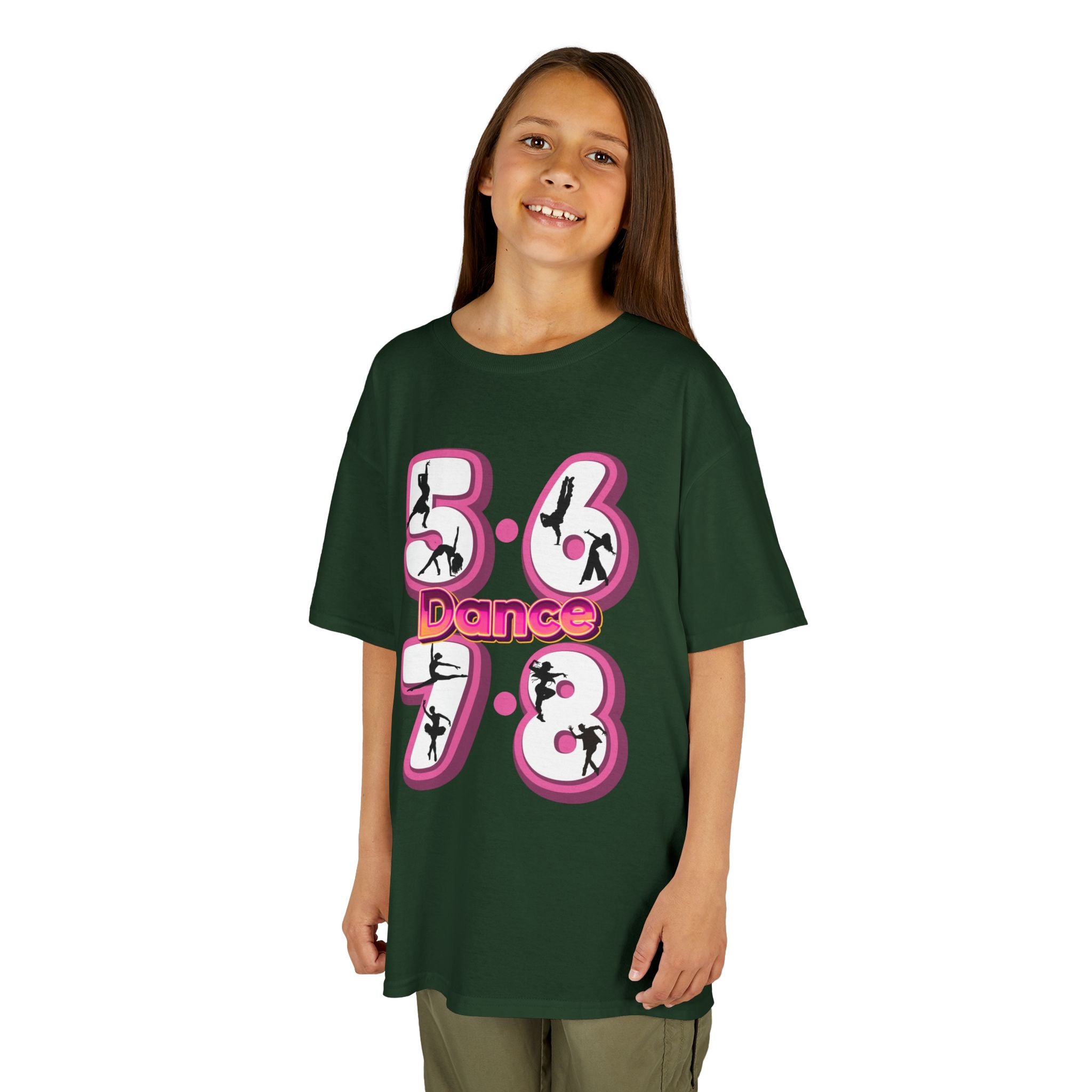 Young girl wearing a Gildan 5000B heavy cotton t-shirt in forest green with a 5678 Dance text and graphic