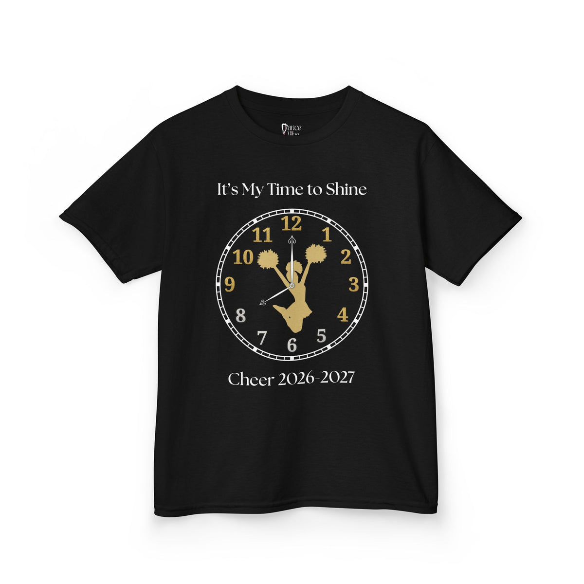 Front view of a youth Gildan 5000B heavy cotton t-shirt in black with an It's My Time to Shine Cheer 2026-2027 theme
