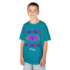 Young boy wearing a youth Gildan 5000B heavy cotton t-shirt in tropical blue with a Dance Vibes All Day text and graphic