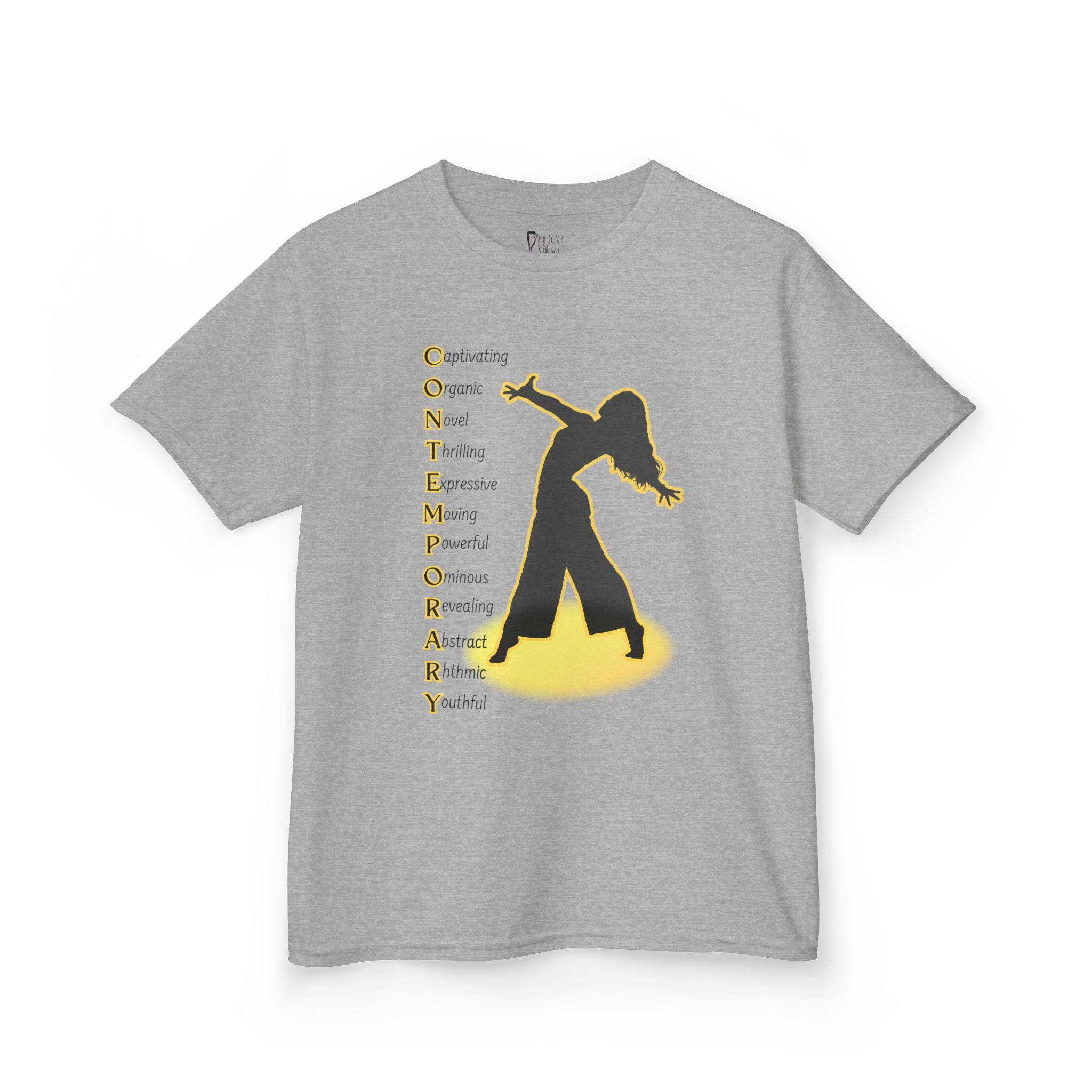 Front view of a youth Gildan 5000B heavy cotton t-shirt in sport grey with a Contemporary Dance text and graphic