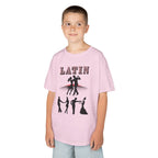 Young boy wearing a youth Gildan 5000B heavy cotton t-shirt in light pink with a Latin Dance Couples theme