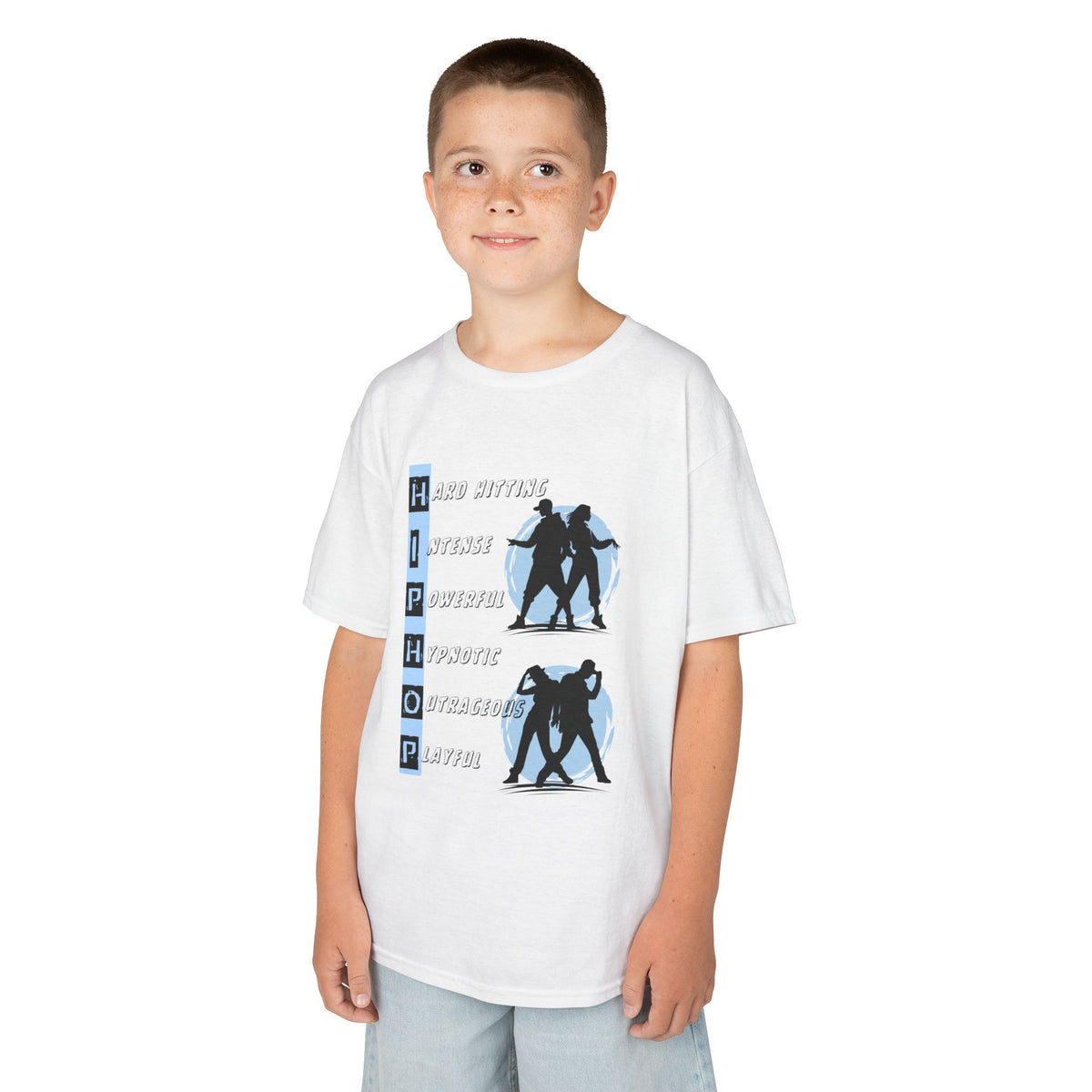 Young boy wearing a youth Gildan 5000B heavy cotton t-shirt in white with dancing Hip Hop Couples