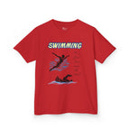 Front view of a youth Gildan 5000B heavy cotton t-shirt in red with a Swimming text and graphic