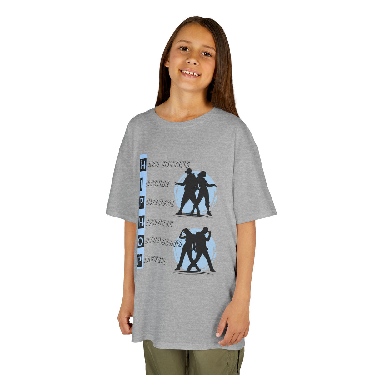 Young girl wearing a youth Gildan 5000B heavy cotton t-shirt in sport grey with dancing Hip Hop Couples