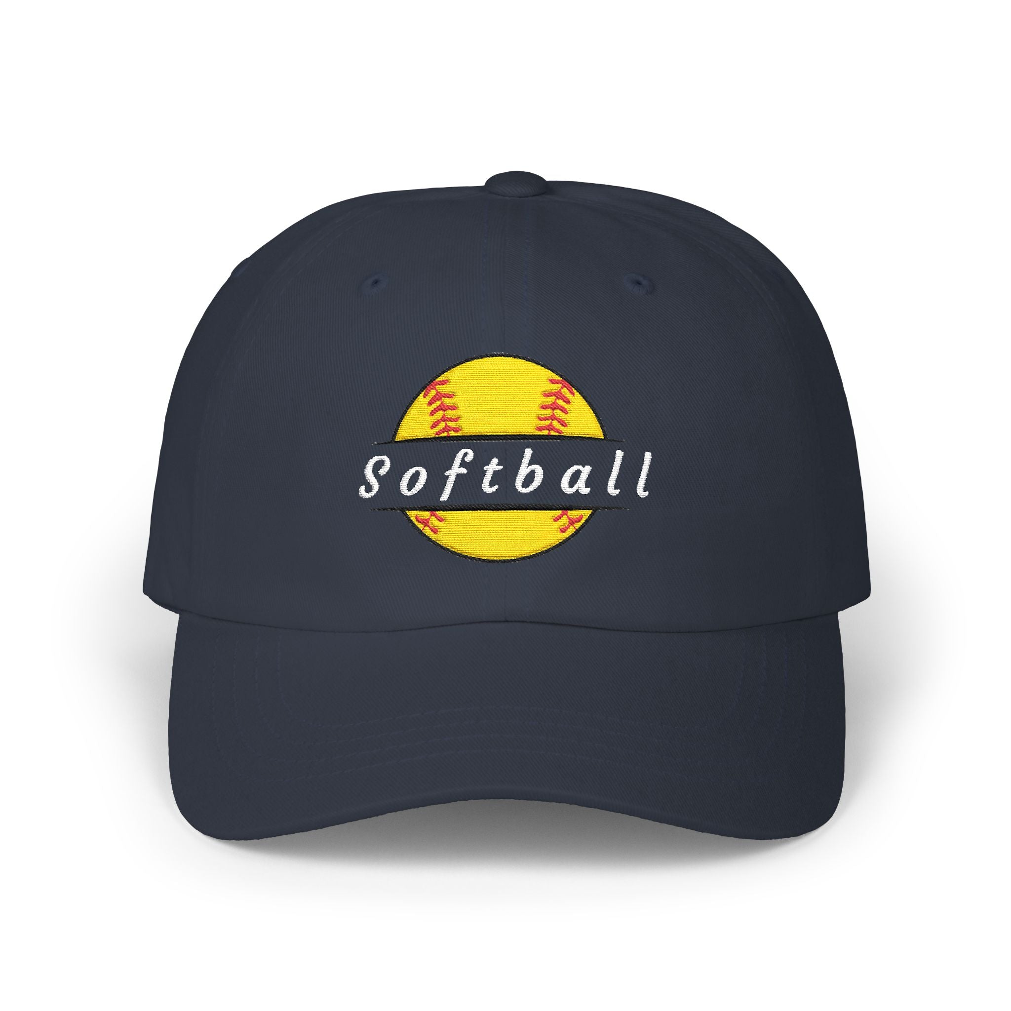 Navy cap with an embroidered yellow softball graphic and text.