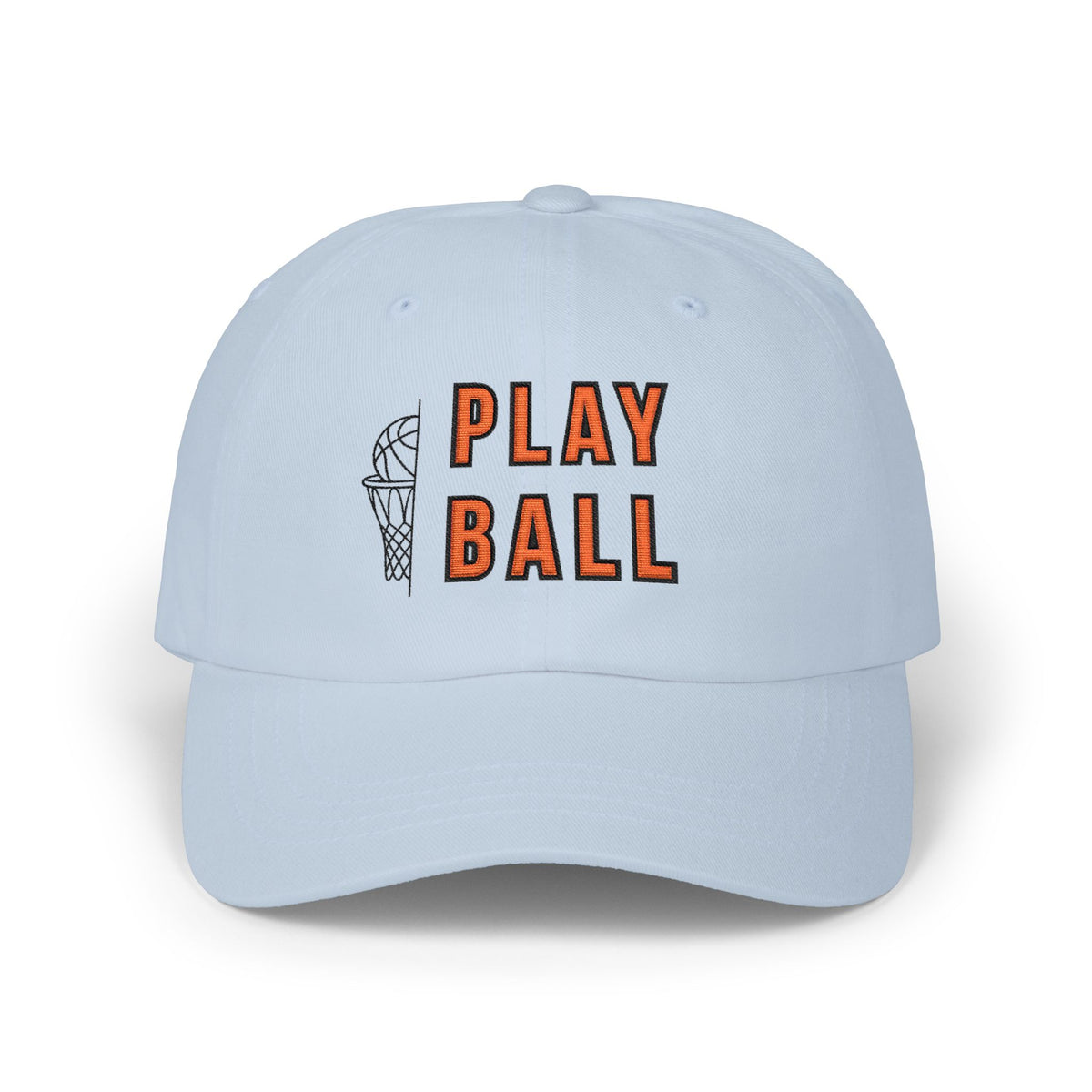 Light blue embroidered classic dad cap hat with Play Ball text and basketball graphic Front view