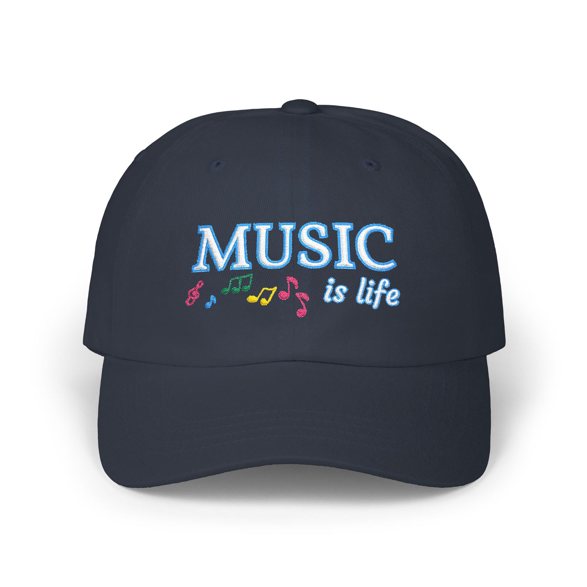 Navy cap with an embroidered MUSIC IS LIFE text and musical notes graphic.
