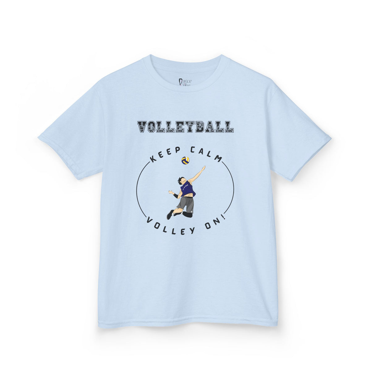 Front view of a youth Gildan 5000B heavy cotton t-shirt in light blue with a boy playing Volleyball