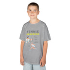 Young boy wearing a youth Gildan 5000B heavy cotton t-shirt in sport grey with a Tennis text and graphic