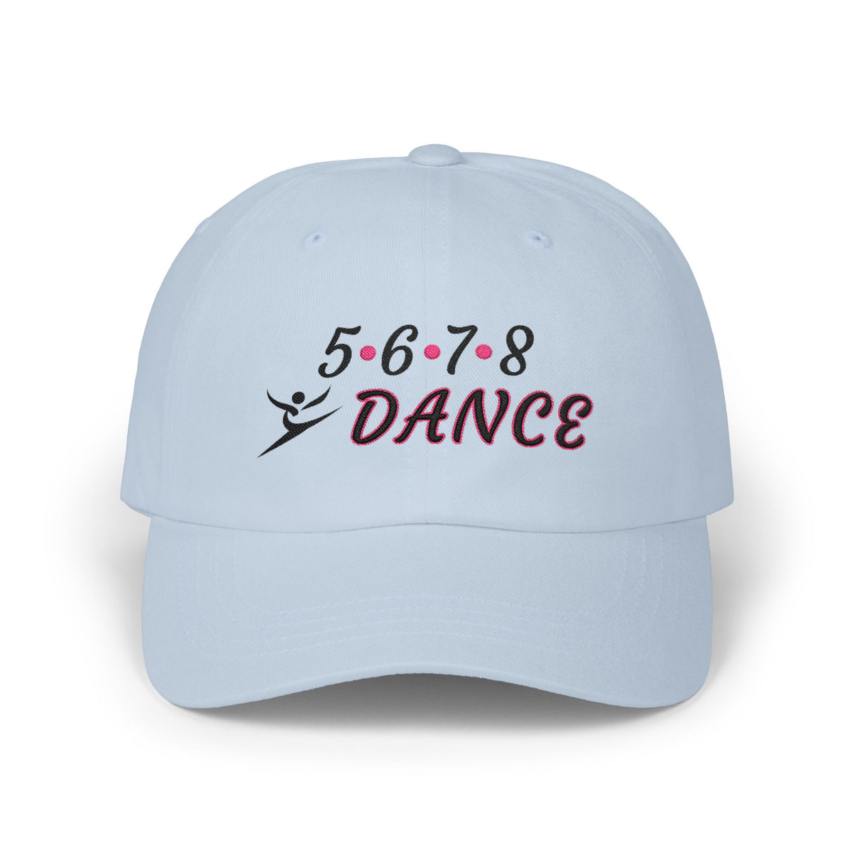 Light blue embroidered classic dad cap hat with a 5 6 7 8 Dance text and graphic Front view