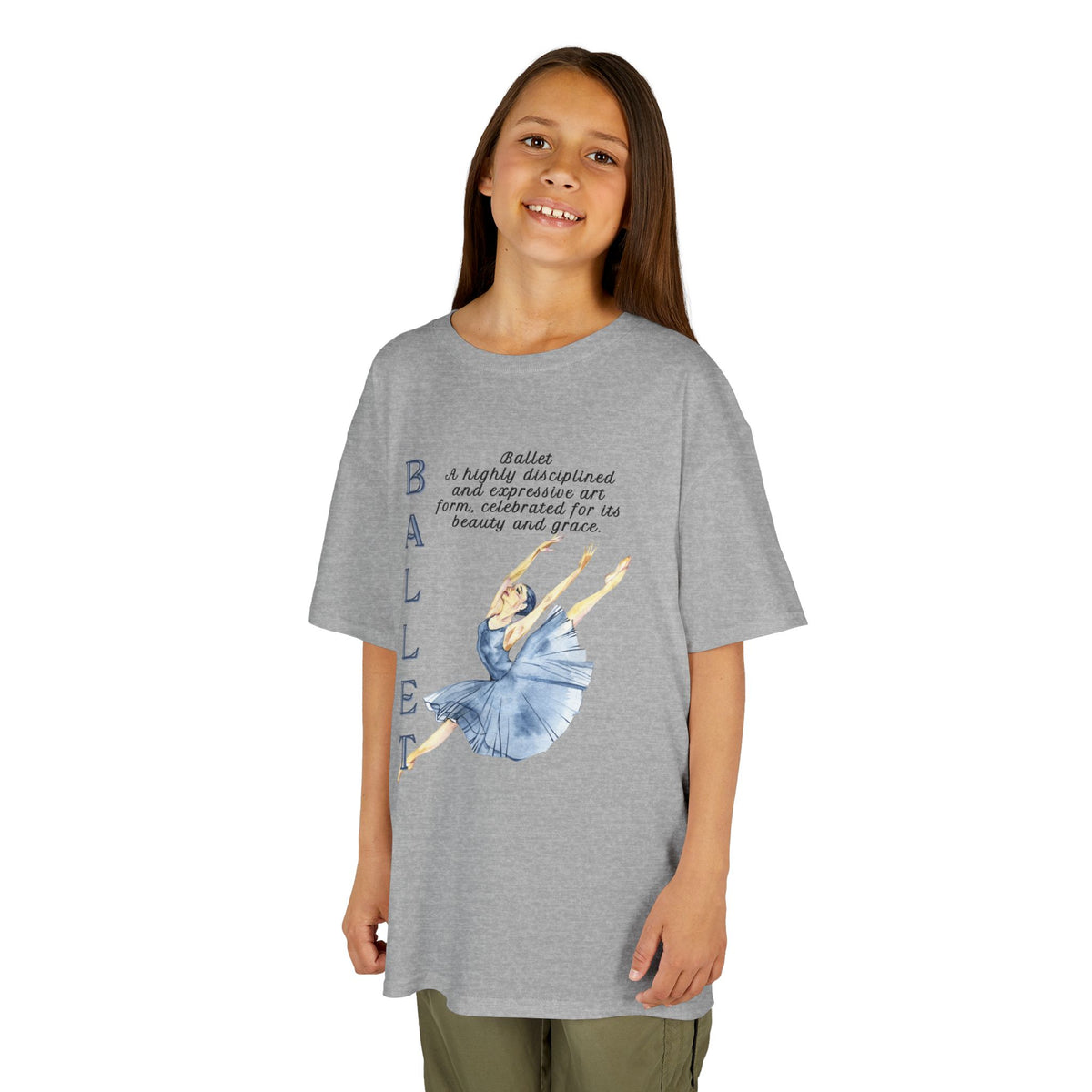 Young girl wearing a youth Gildan 5000B heavy cotton t-shirt in sport grey with a Ballet text and graphic