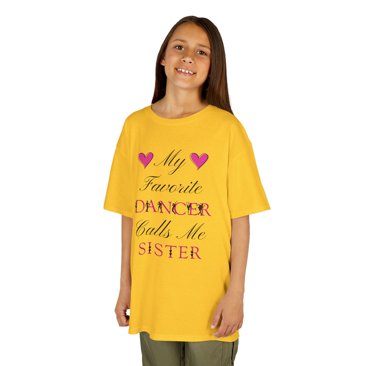 Young girl wearing a daisy short-sleeve t-shirt with a graphic text print on the front that reads My Favorite Dancer Calls Me Sister.