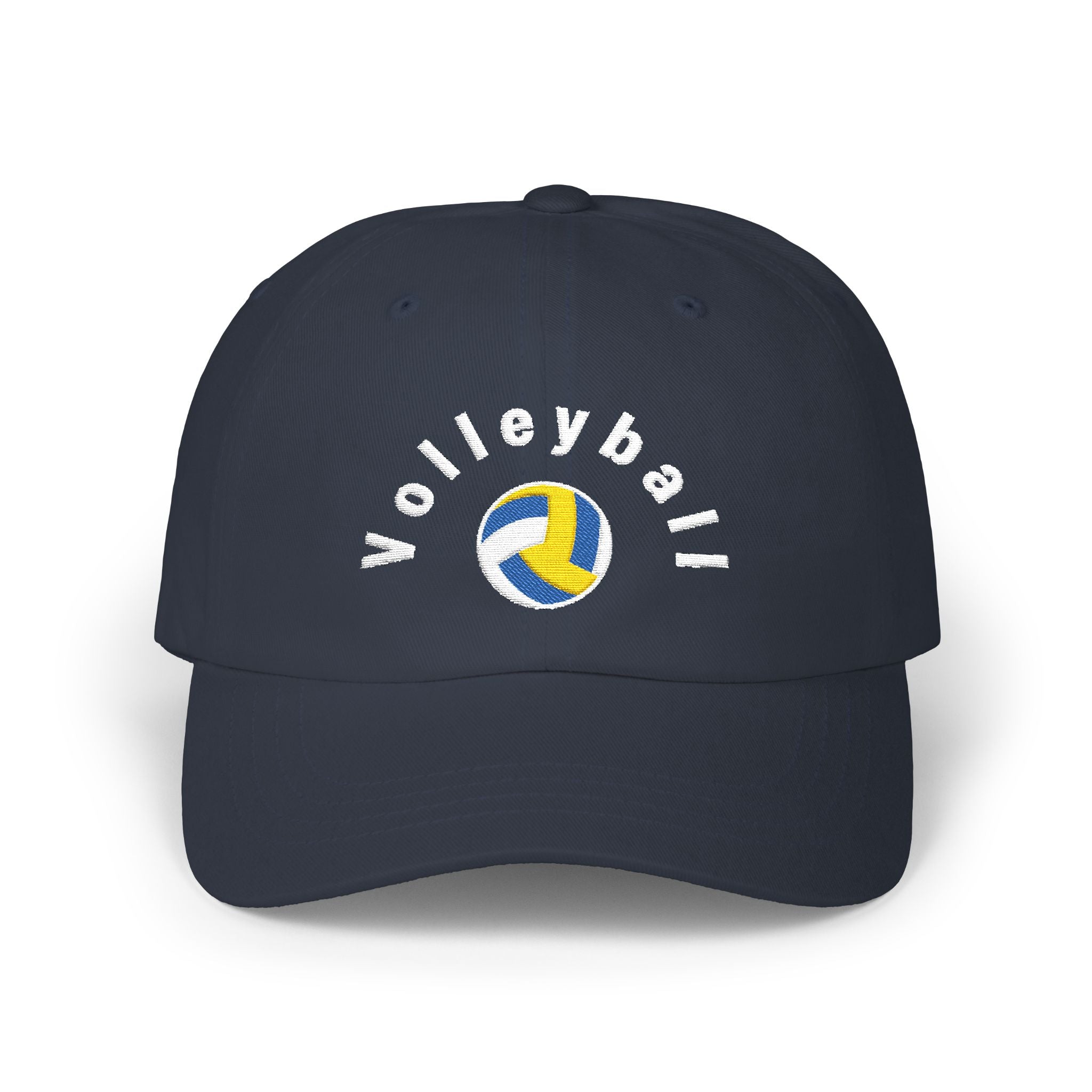 Navy cap with an embroidered Volleyball graphic and text.
