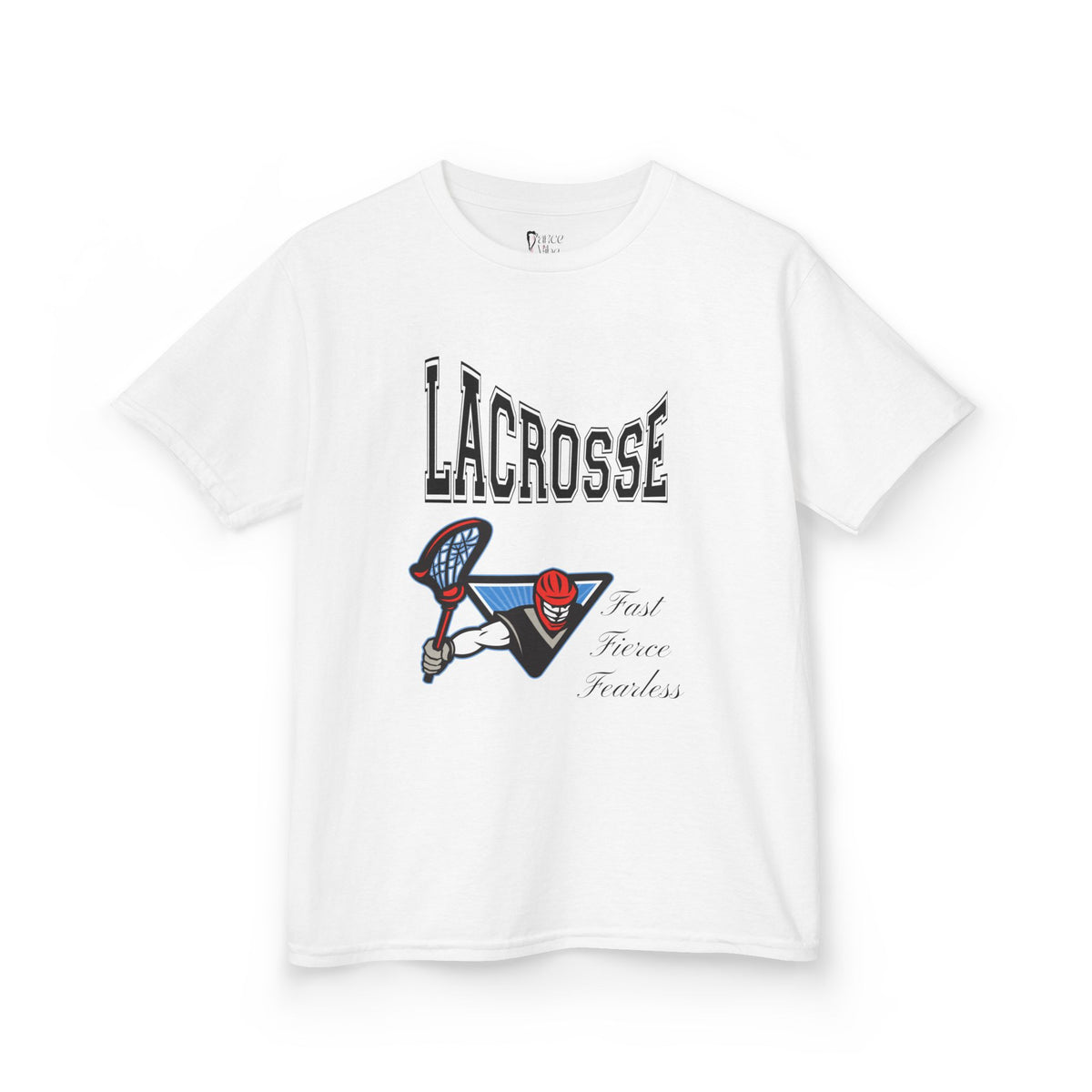Front view of a youth Gildan 5000B heavy cotton t-shirt in white with a Boys Lacrosse design
