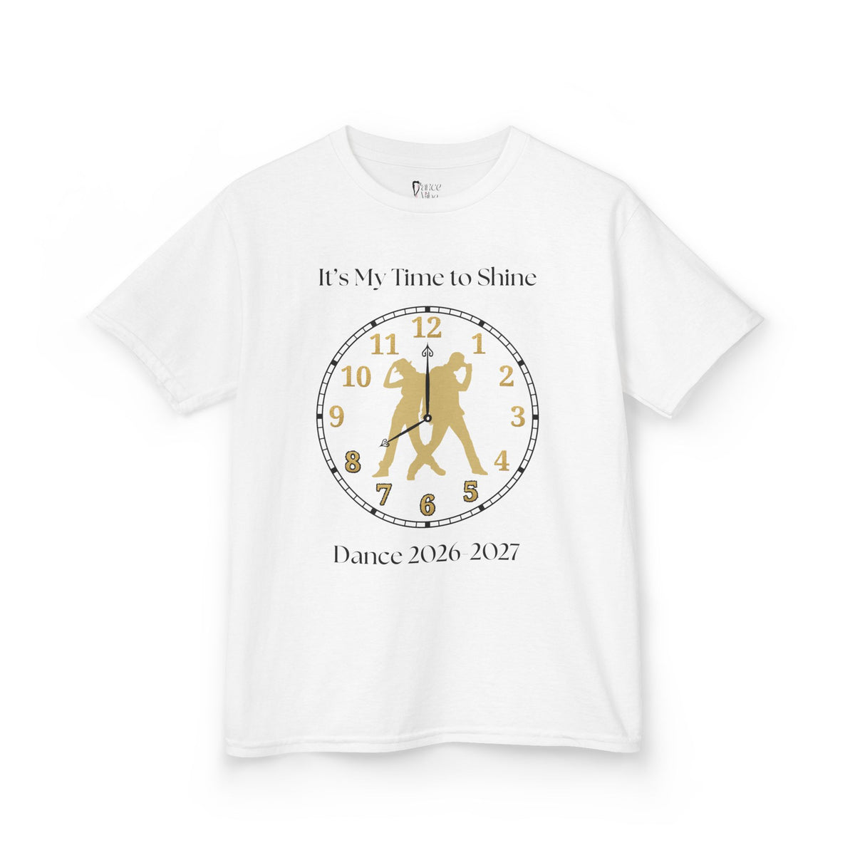 Front view of a youth Gildan 5000B heavy cotton t-shirt in white with an It's My Time to Shine Hip Hop 2026-2027 theme