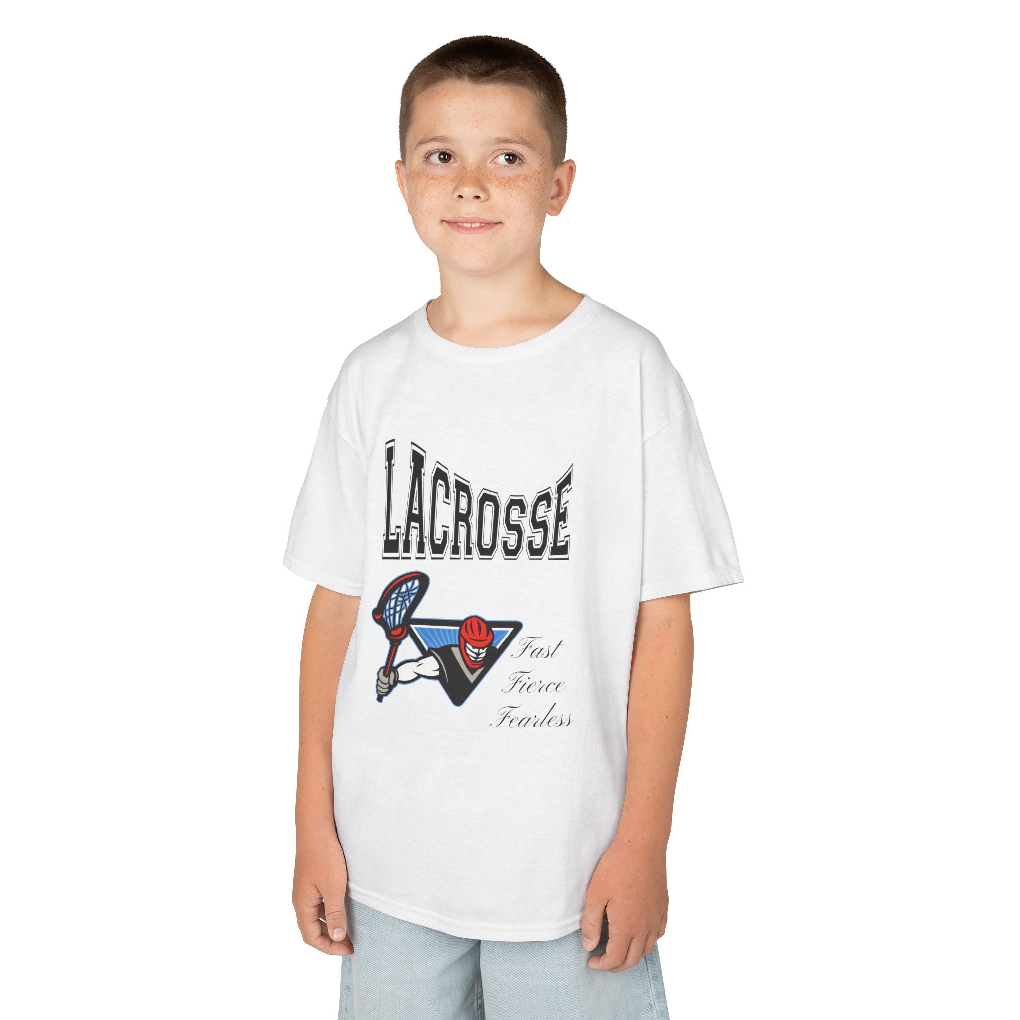 Young boy wearing a youth Gildan 5000B heavy cotton t-shirt in white with a Boys Lacrosse design