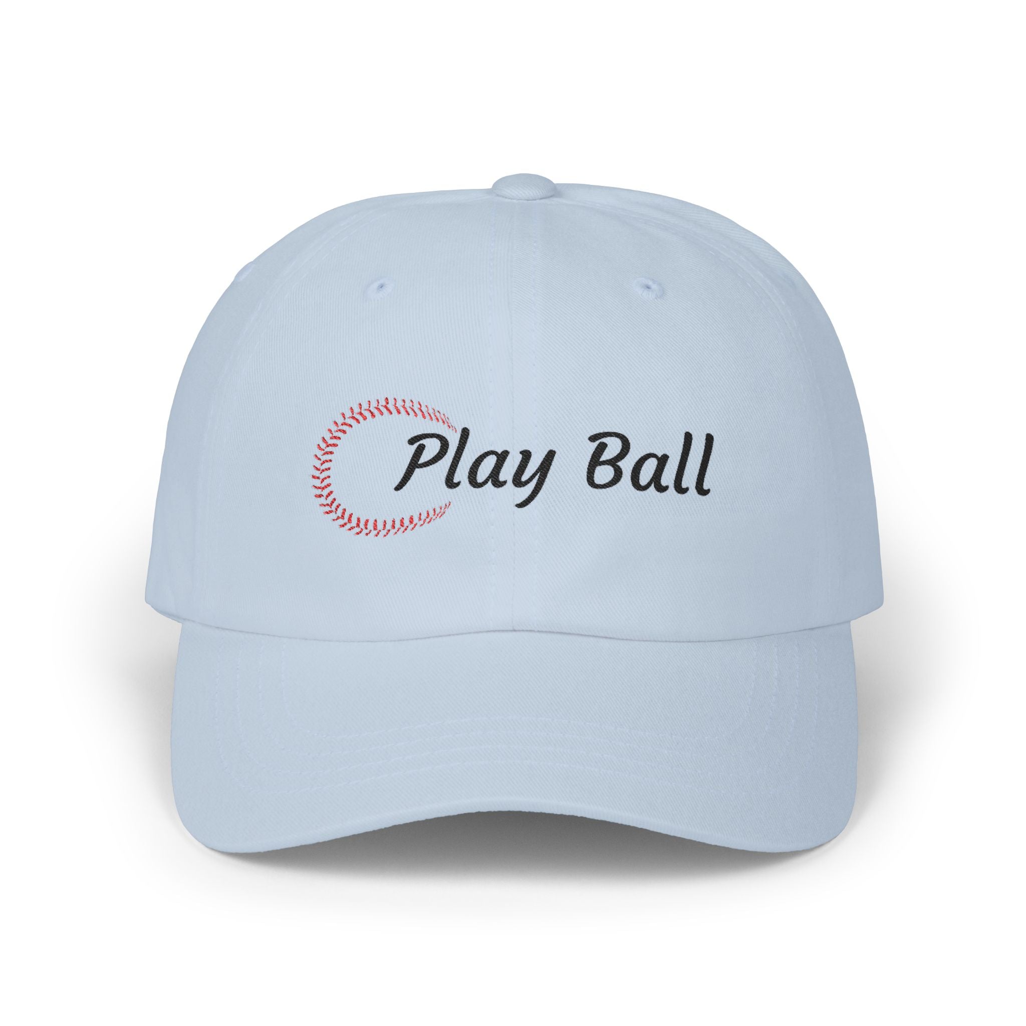 Light blue embroidered classic dad cap hat with Play Ball text and baseball graphic Front view