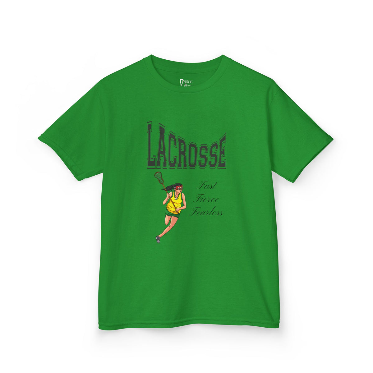 Front view of a youth Gildan 5000B heavy cotton t-shirt in irish green with a Girls Lacrosse theme