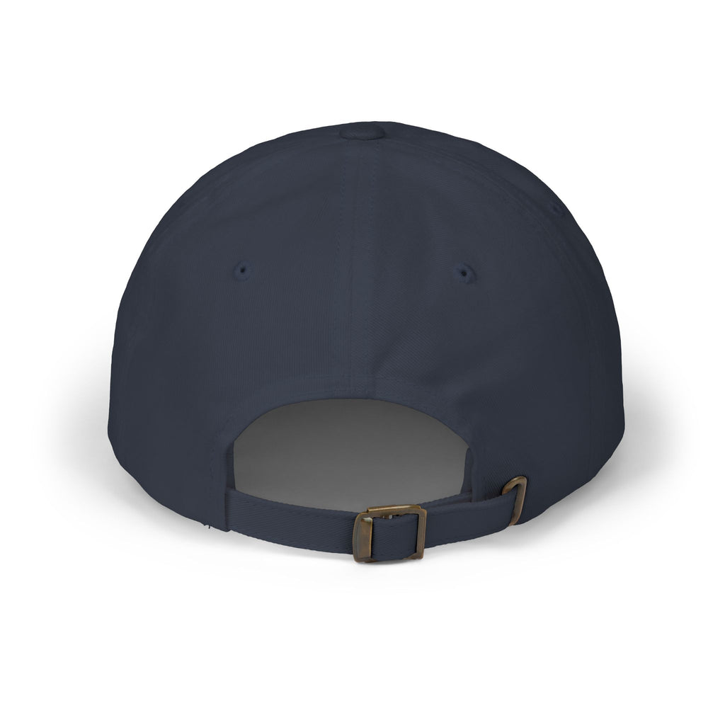 Back view of a navy cap with an adjustable strap. 