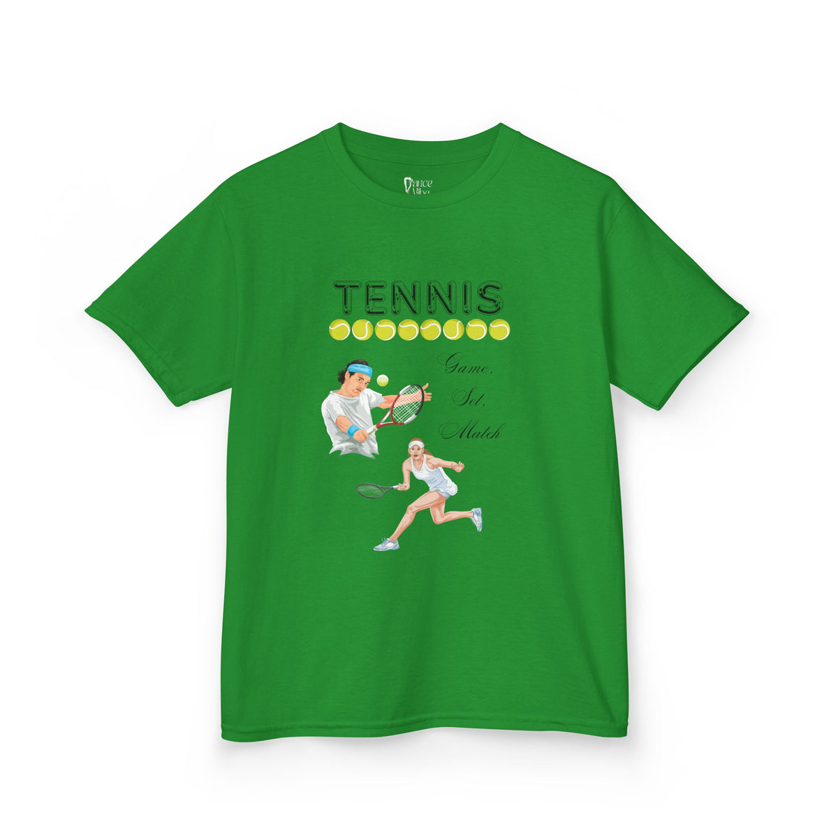 Front view of a youth Gildan 5000B heavy cotton t-shirt in irish green with a Tennis text and graphic