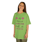 Young girl wearing a lime short-sleeve t-shirt with a graphic text print on the front that reads My Favorite Dancer Calls Me Sister.
