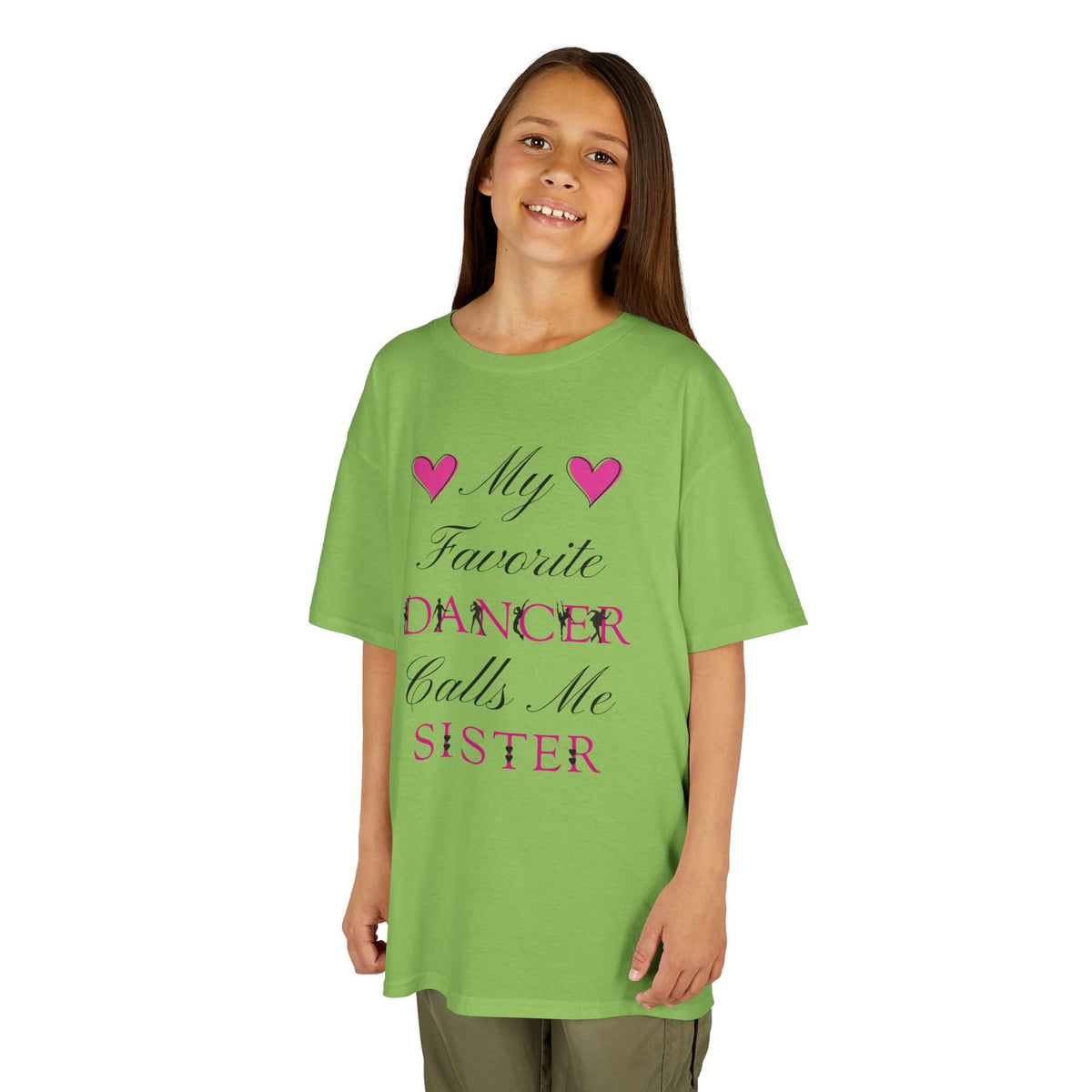 Young girl wearing a lime short-sleeve t-shirt with a graphic text print on the front that reads My Favorite Dancer Calls Me Sister.
