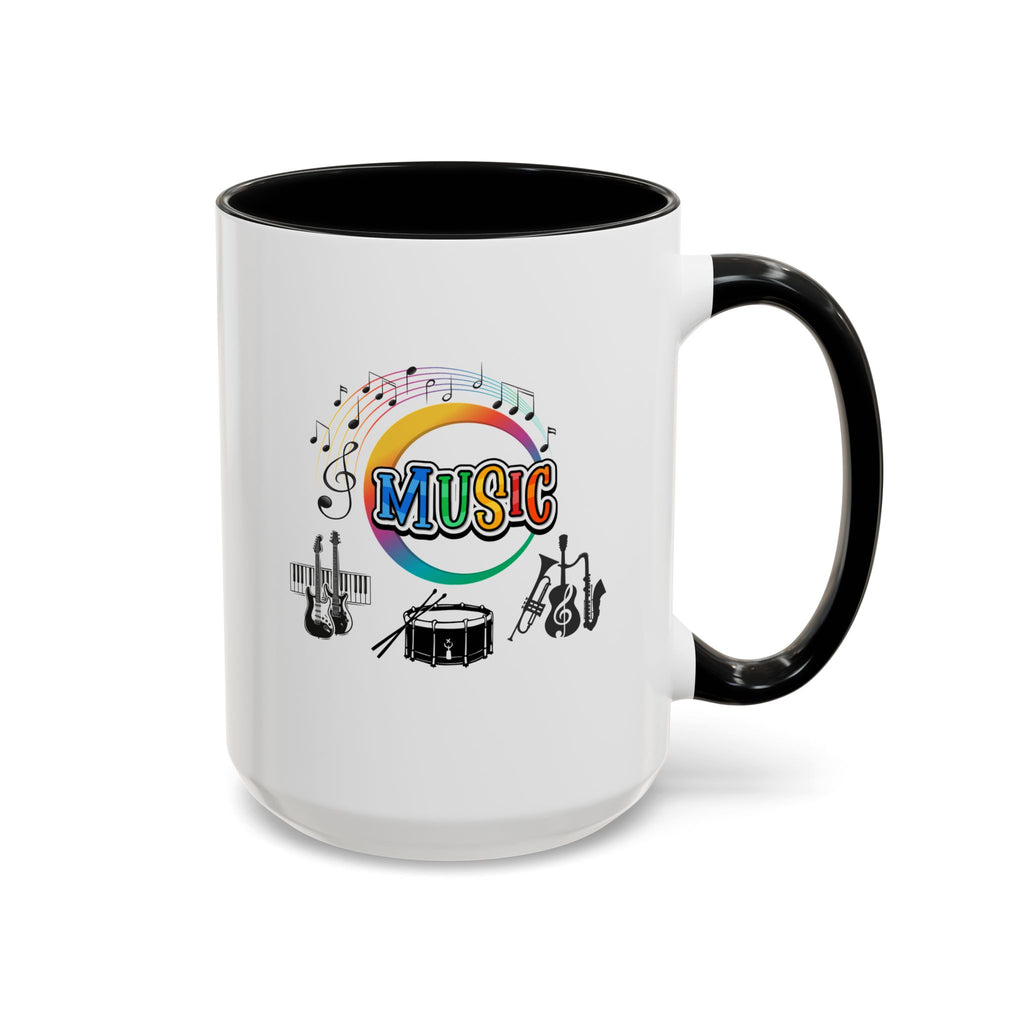 15oz white ceramic Music Instrument mug with black handle and interior Right handed view
