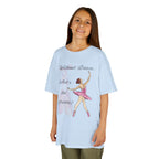 Young girl wearing a youth Gildan 5000B heavy cotton t-shirt in light blue with a Without Dance What's the Pointe design and graphic
