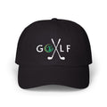Black cap embroidered with a GOLF text and golf club design.