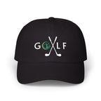 Black cap embroidered with a GOLF text and golf club design.