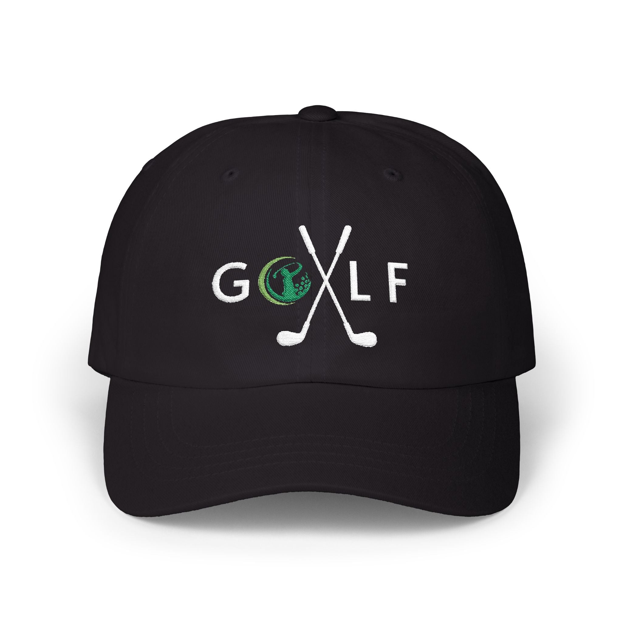 Black cap embroidered with a GOLF text and golf club design.