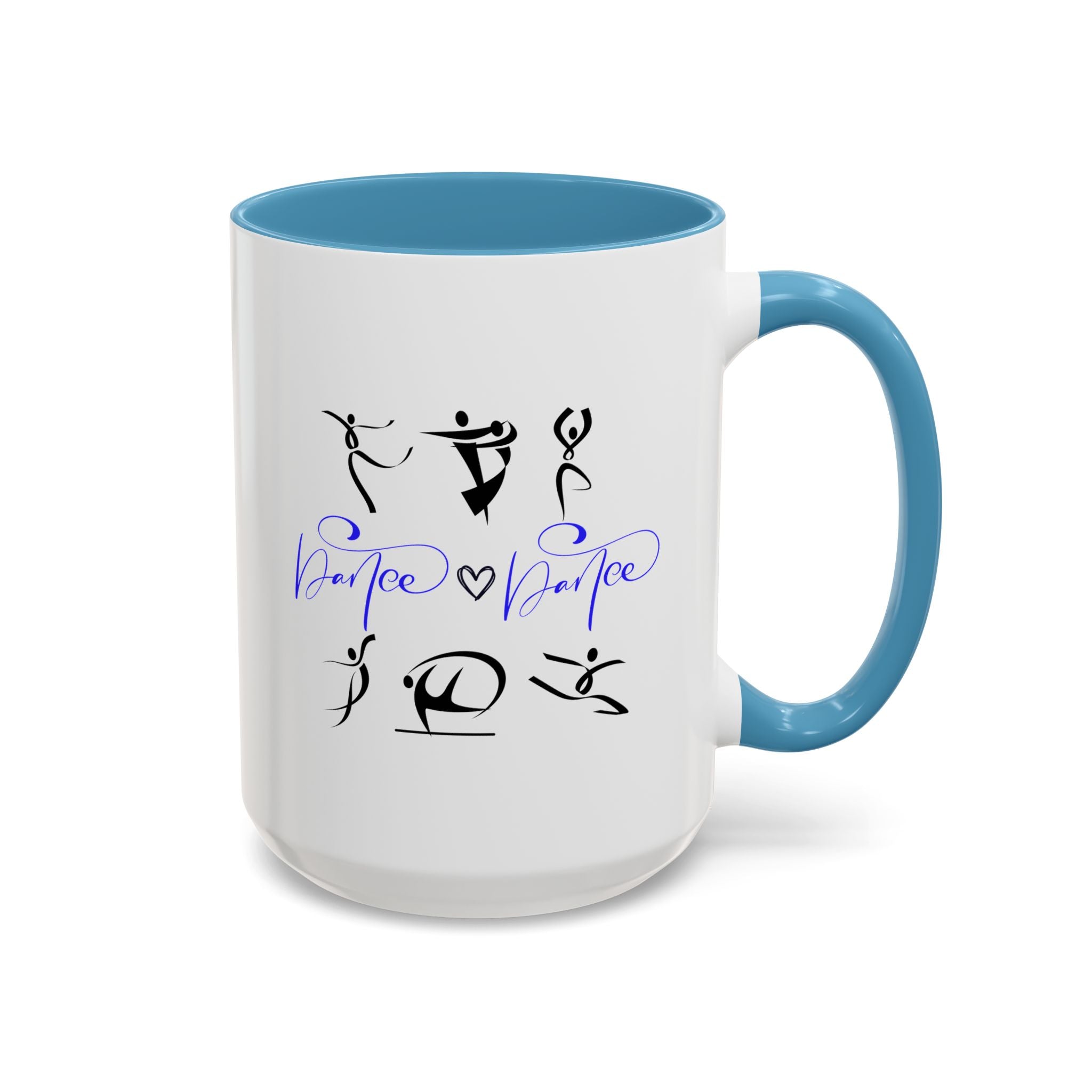 15oz white ceramic Dance Silhouette mug with light blue handle and interior Right handed view