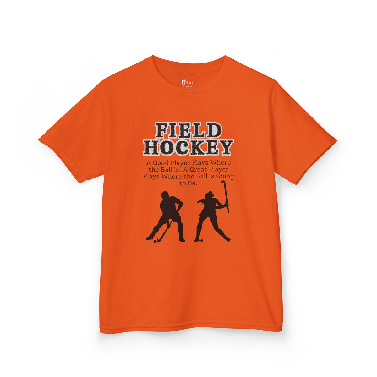 Front view of a youth Gildan 5000B heavy cotton t-shirt in orange with a Field Hockey text and graphic