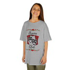 Young girl wearing a youth Gildan 5000B heavy cotton t-shirt in sport grey with a Drama Club text and graphic 