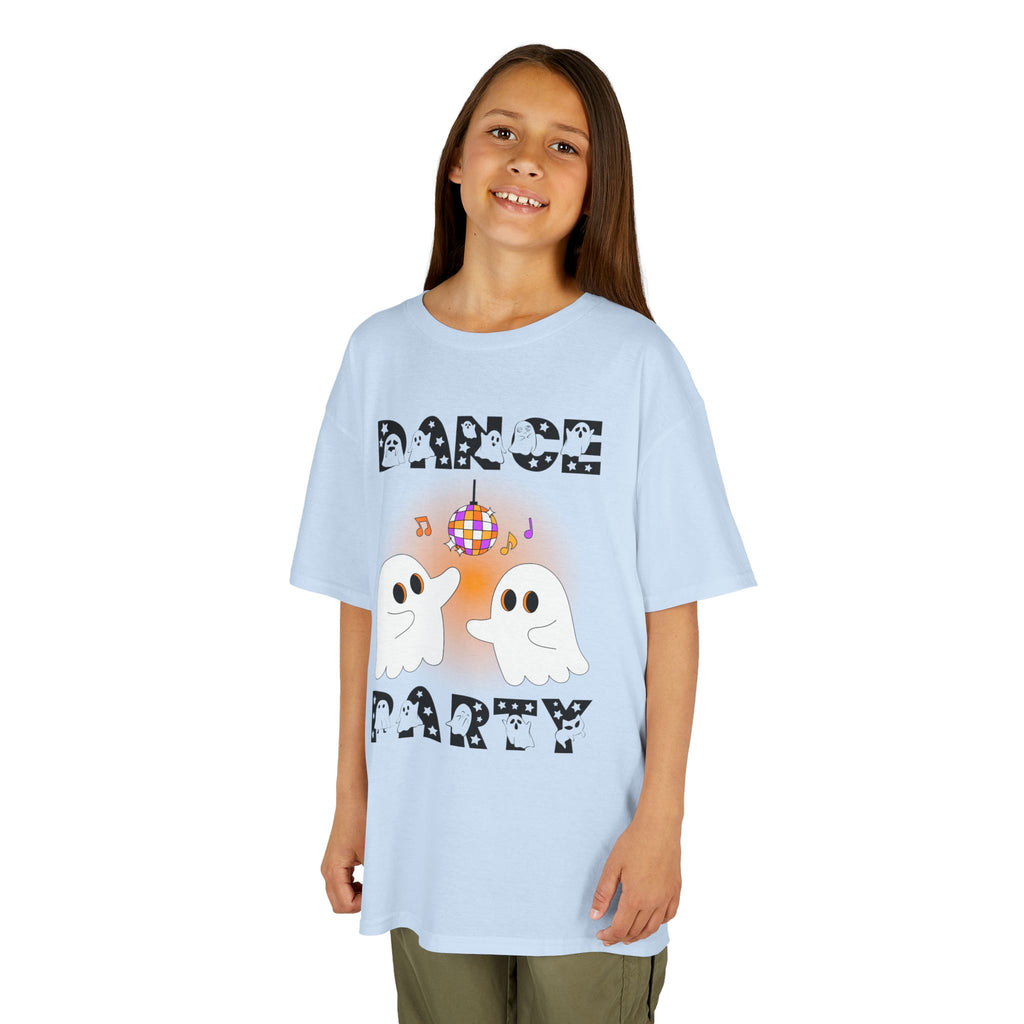 Young girl wearing a youth Gildan 5000B heavy cotton t-shirt in light blue with a Halloween Dance Party theme