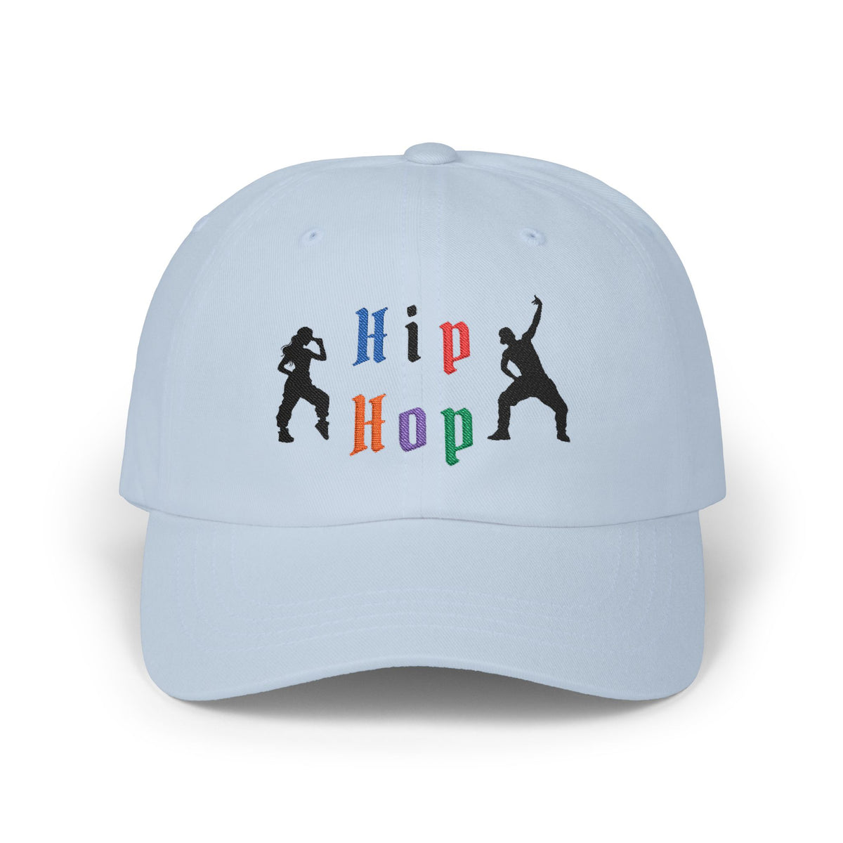 Light blue embroidered classic dad cap hat with a Hip Hop text and graphic Front view