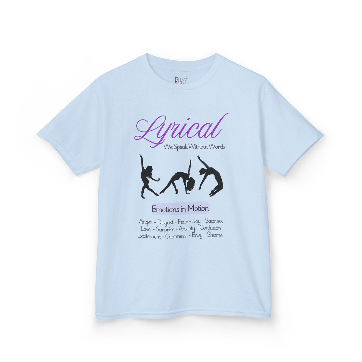 Front view of a youth Gildan 5000B heavy cotton t-shirt in light blue with a Lyrical Dance graphic and text