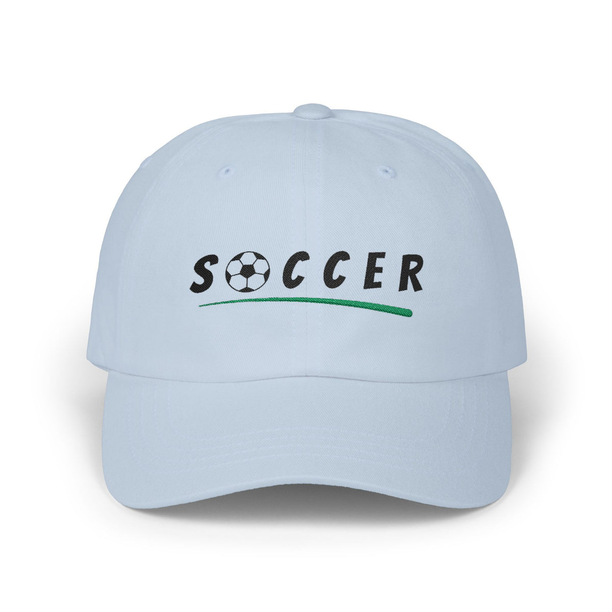 Light blue embroidered classic dad cap hat with Soccer text and graphic Front view