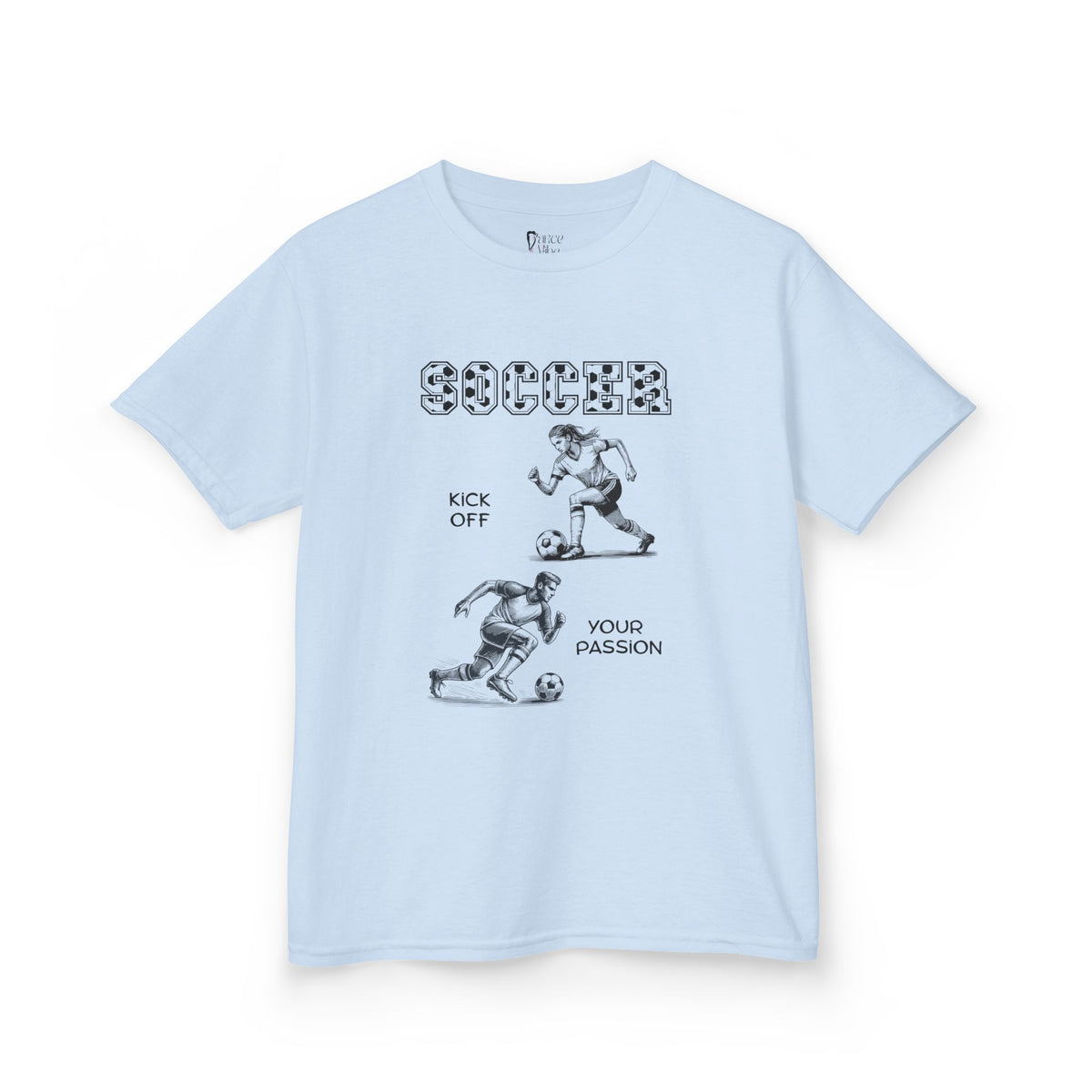 Front view of a youth Gildan 5000B heavy cotton t-shirt in light blue with a Soccer text and graphic
