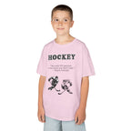 Young boy wearing a youth Gildan 5000B heavy cotton t-shirt in light pink with a Hockey text and graphic