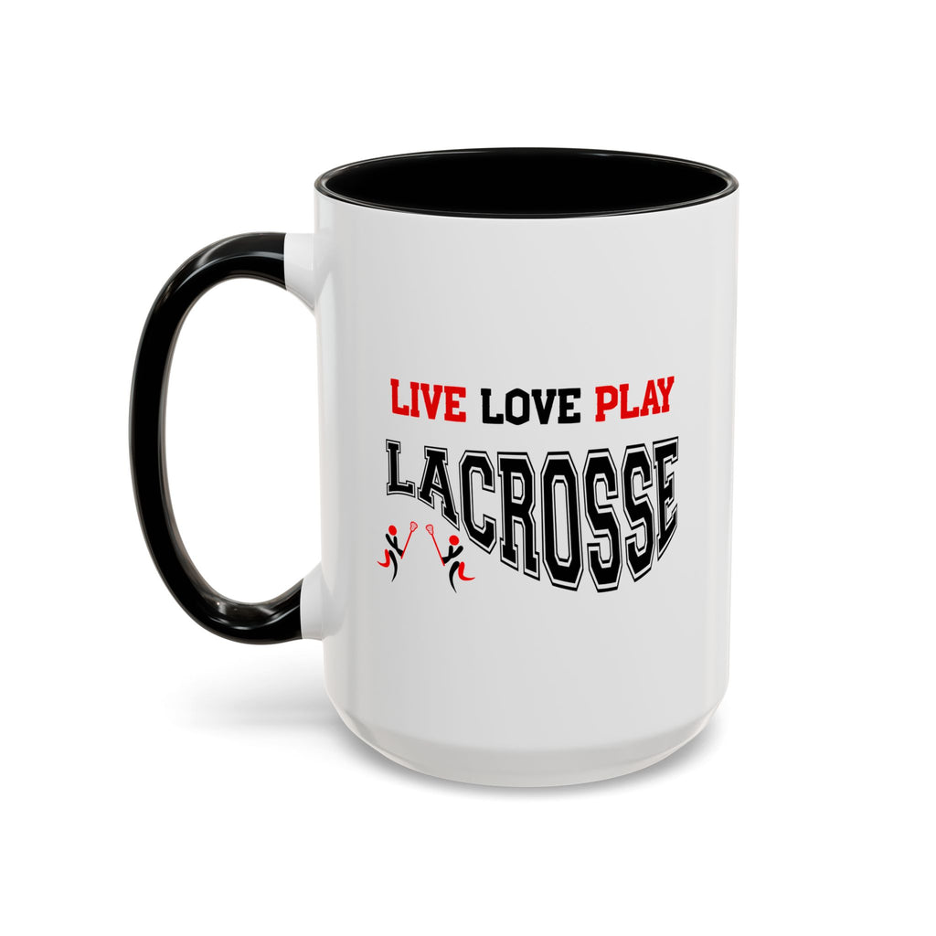 15oz white ceramic Lacrosse mug with black handle and interior Left handed view