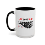 15oz white ceramic Lacrosse mug with black handle and interior Left handed view