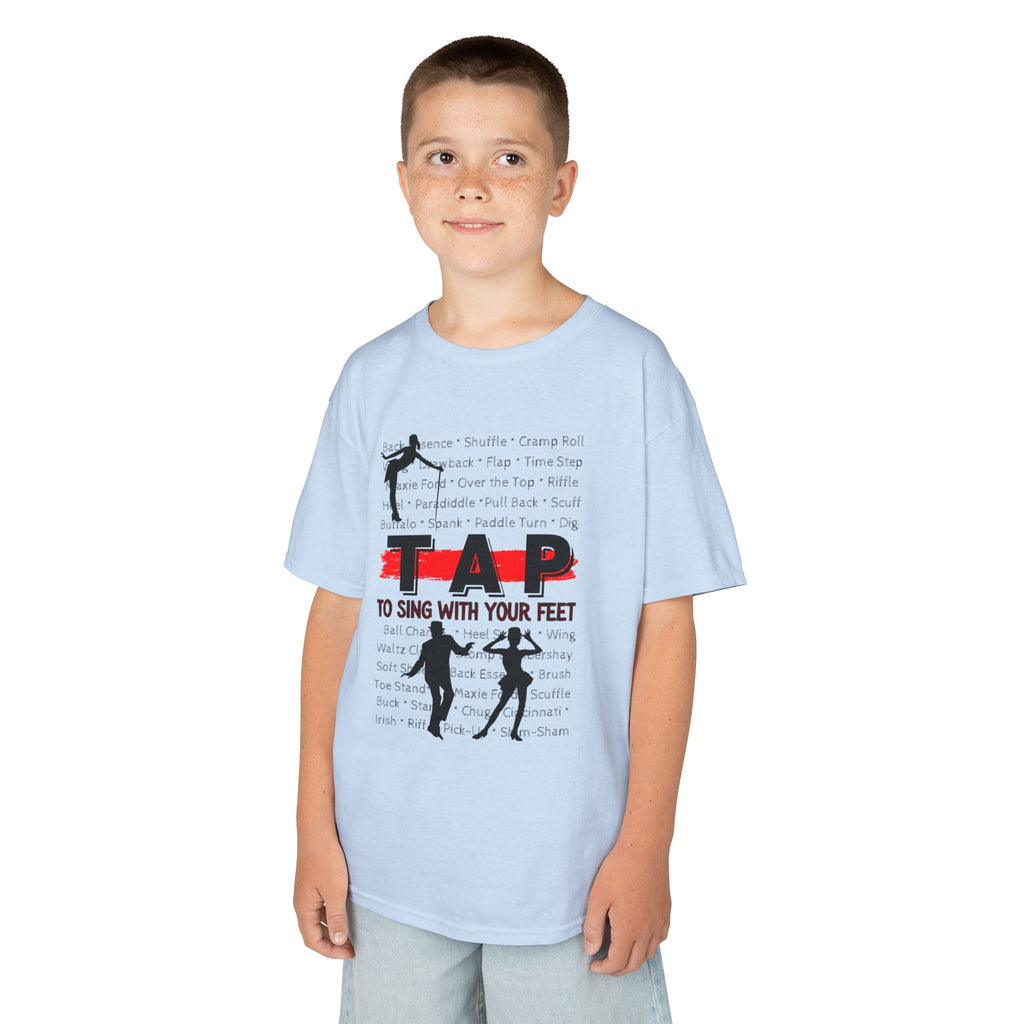 Young boy wearing a youth Gildan 5000B heavy cotton t-shirt in light blue with a Tap text and design
