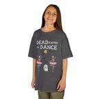Young girl wearing a youth Gildan 5000B heavy cotton t-shirt in charcoal with a Deadicated to Dance Halloween theme