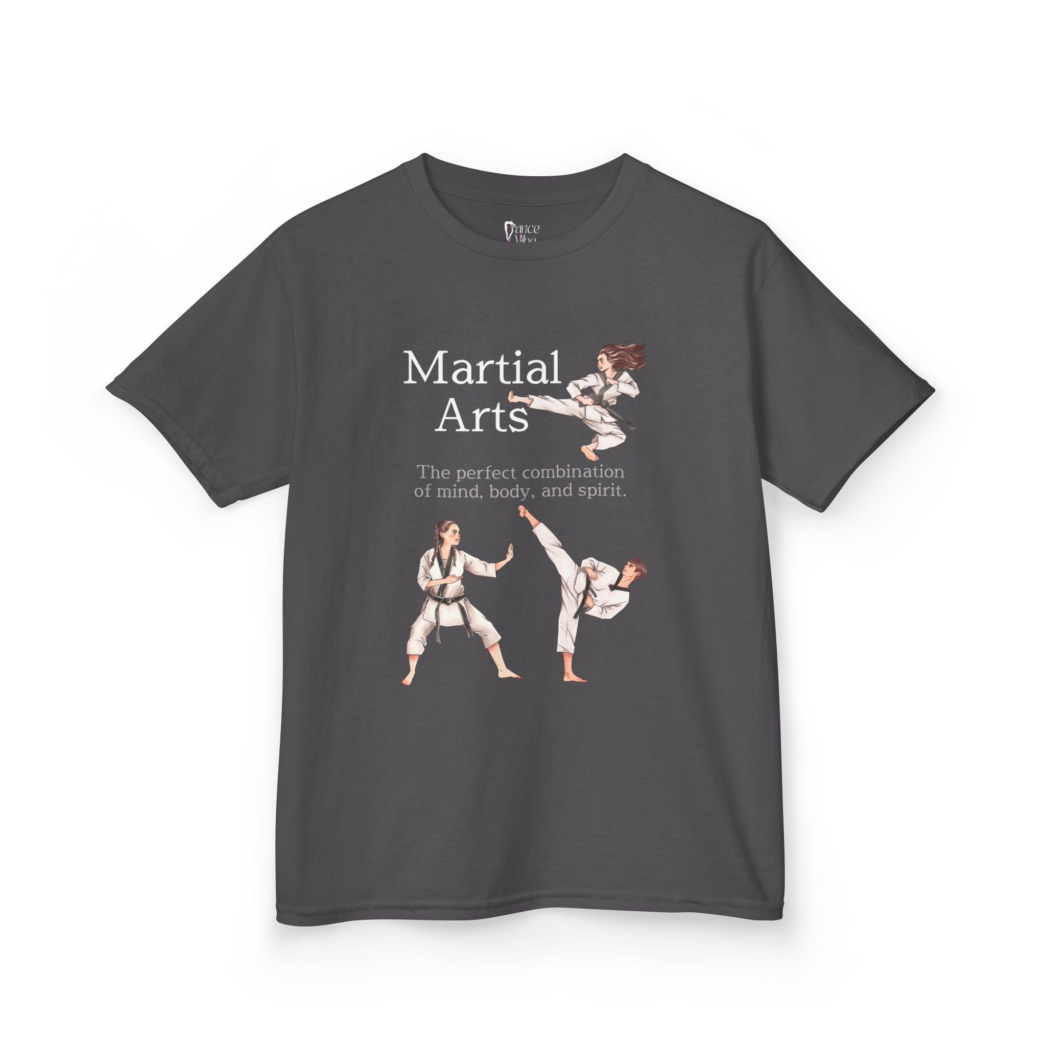 Front view of a youth Gildan 5000B heavy cotton t-shirt in charcoal with a Martial Arts text and graphic