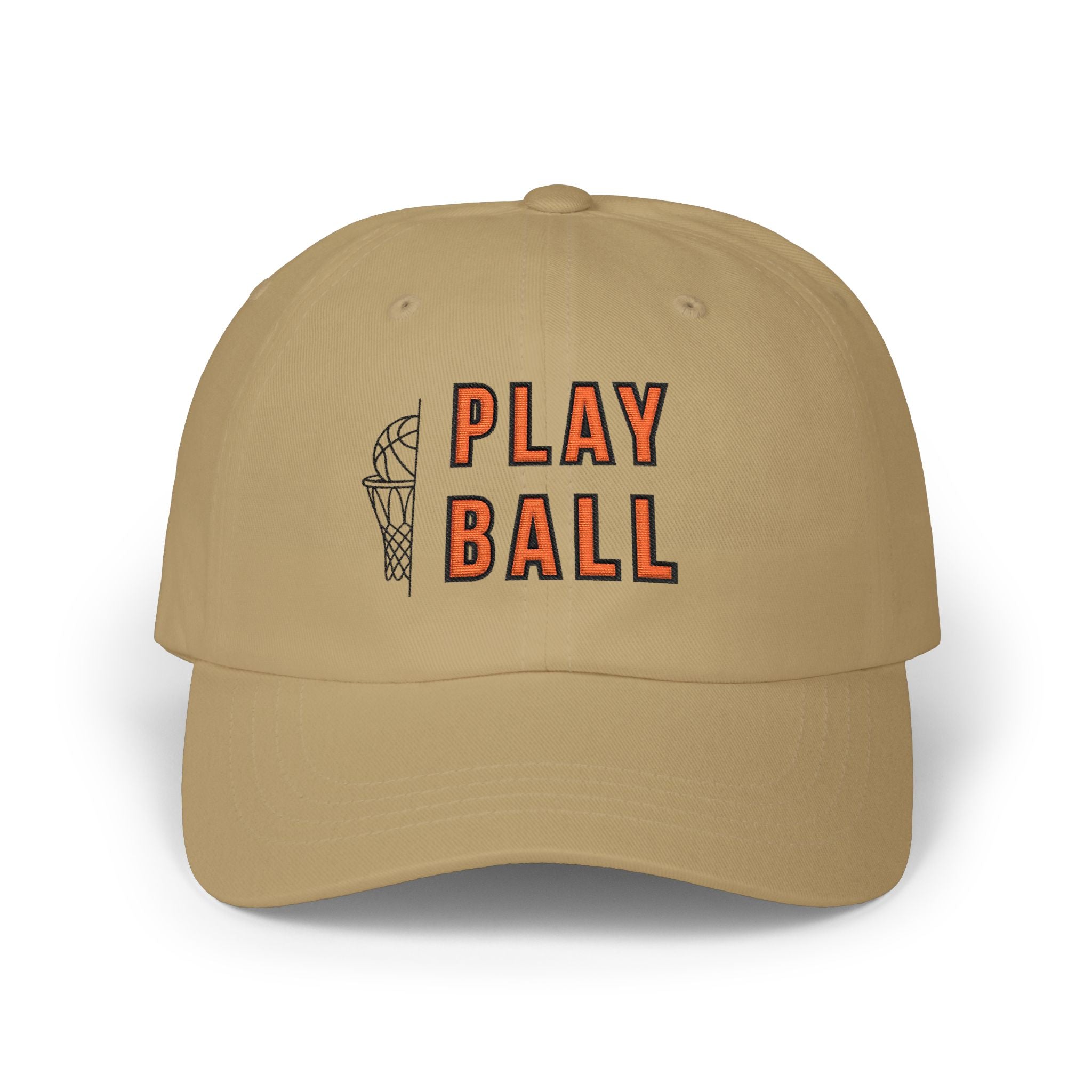 Khaki embroidered classic dad cap hat with Play Ball text and basketball graphic Front view