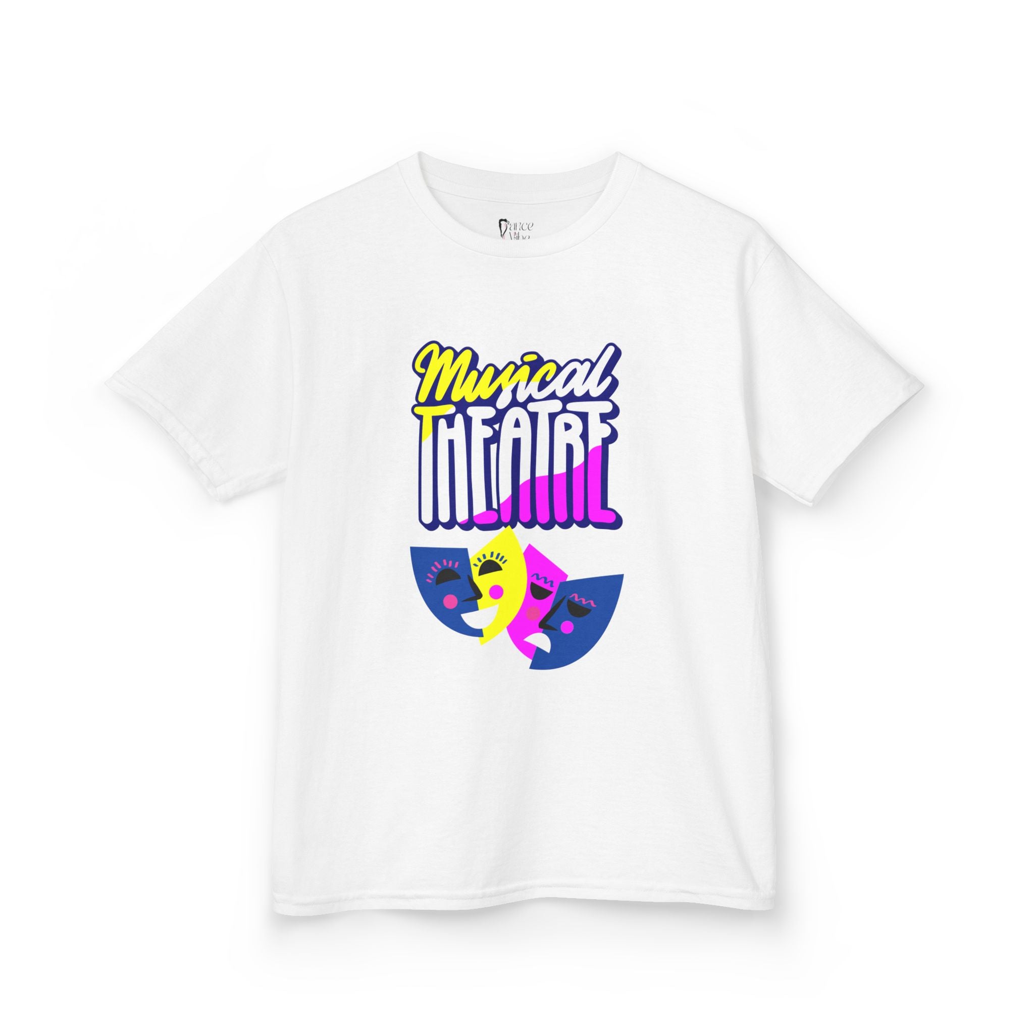 Front view of a youth Gildan 5000B heavy cotton t-shirt in white with a Musical Theater rainbow mask graphic